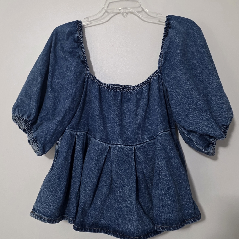 Organic Cotton Denim Babydoll Peplum Top Puff Sleeves Milkmaid Y2K Sz 10